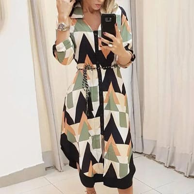 Vestido Midi Estampado Manga Longa Geometrico Raquel 