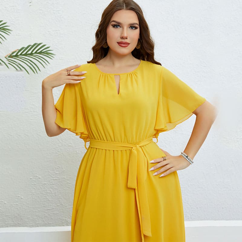 Vestido Midi Plus Size Amarelo Lisa