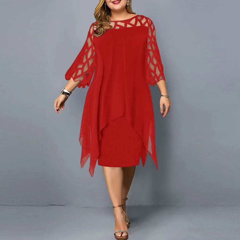 Vestido Midi Plus Size de Festa Manga Rendada Laura