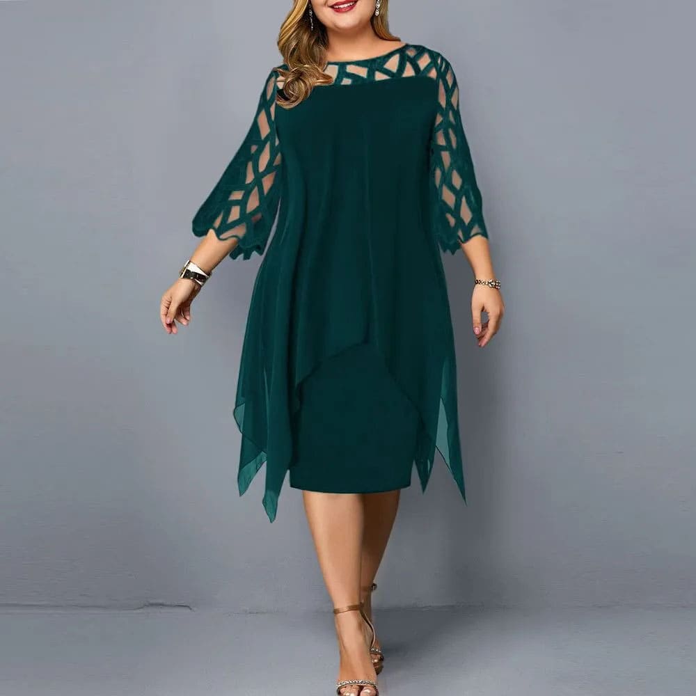 Vestido Midi Plus Size de Festa Manga Rendada Laura