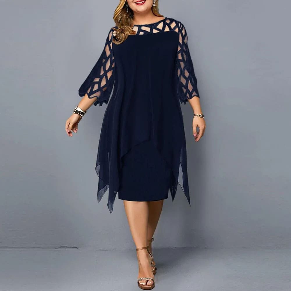 Vestido Midi Plus Size de Festa Manga Rendada Laura