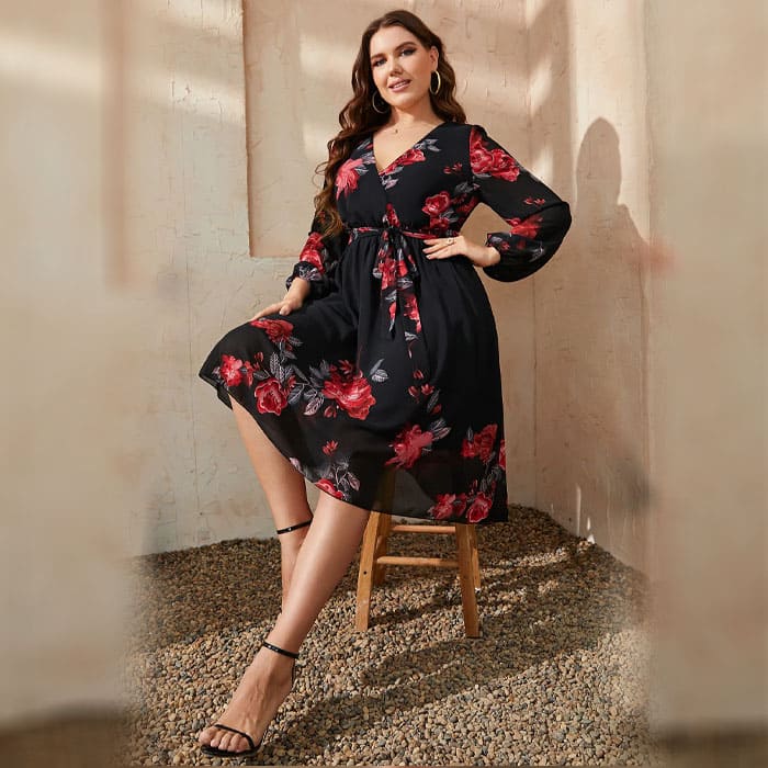 Vestido Midi Plus Size Estampado Manga Longa Talita